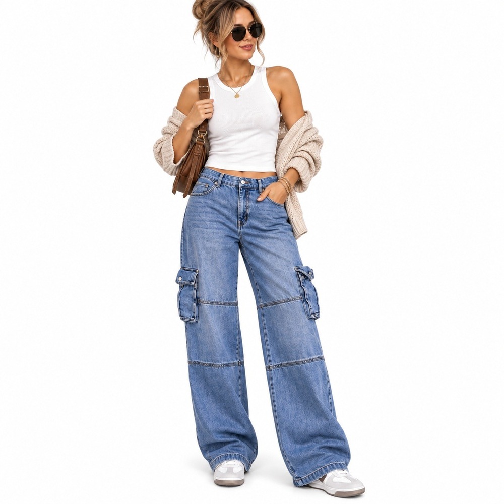 Robert Rodriguez Cargo Jeans Womens 14 Blue Utility Wide Leg Relaxed Denim 5751